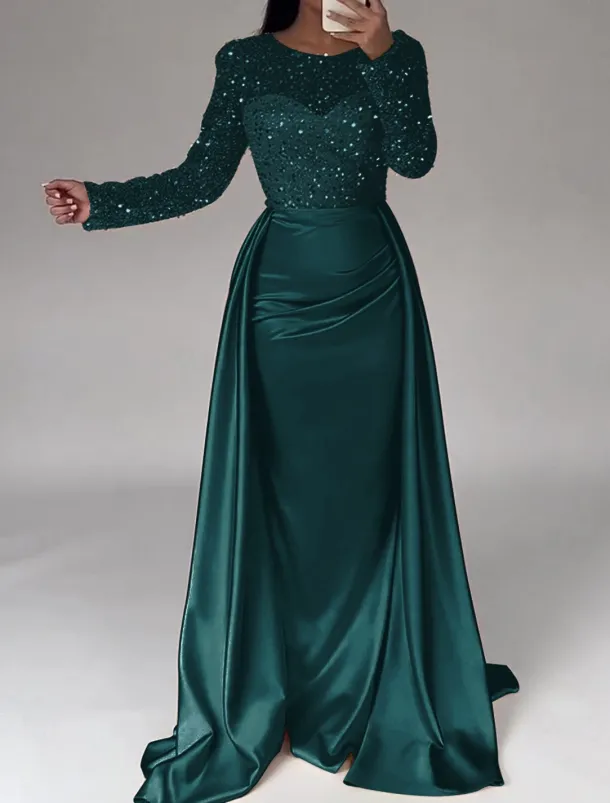 Mermaid Sequin Evening Gown RuchedSatin Dress Long Sleeves Masquerade Floor Length Illusion Neck with Pearls Overskirt dress