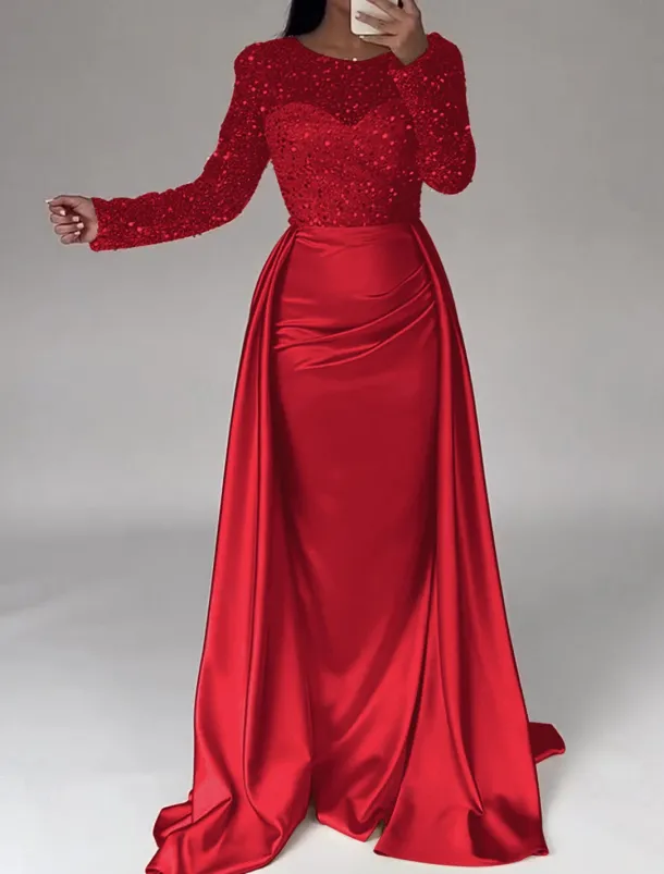 Mermaid Sequin Evening Gown RuchedSatin Dress Long Sleeves Masquerade Floor Length Illusion Neck with Pearls Overskirt dress