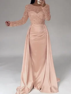 Mermaid Sequin Evening Gown RuchedSatin Dress Long Sleeves Masquerade Floor Length Illusion Neck with Pearls Overskirt dress