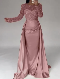 Mermaid Sequin Evening Gown RuchedSatin Dress Long Sleeves Masquerade Floor Length Illusion Neck with Pearls Overskirt dress