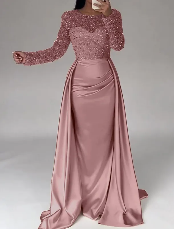 Mermaid Sequin Evening Gown RuchedSatin Dress Long Sleeves Masquerade Floor Length Illusion Neck with Pearls Overskirt dress