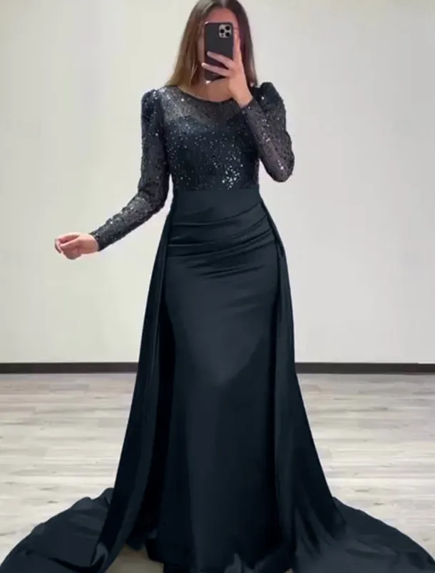 Mermaid Sequin Evening Gown RuchedSatin Dress Long Sleeves Masquerade Floor Length Illusion Neck with Pearls Overskirt dress