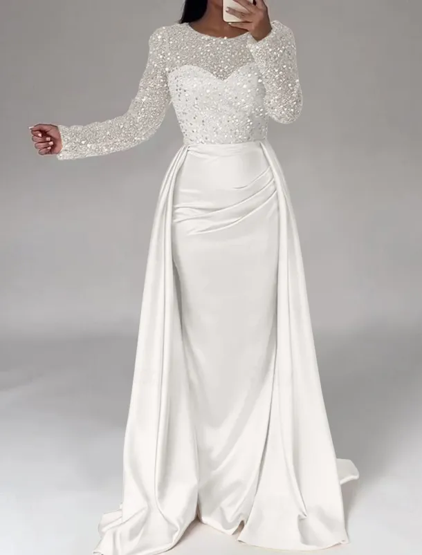 Mermaid Sequin Evening Gown RuchedSatin Dress Long Sleeves Masquerade Floor Length Illusion Neck with Pearls Overskirt dress
