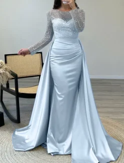 Mermaid Sequin Evening Gown RuchedSatin Dress Long Sleeves Masquerade Floor Length Illusion Neck with Pearls Overskirt dress