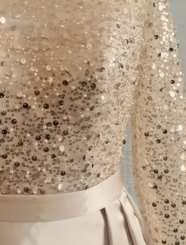 Mermaid Sequin Evening Gown RuchedSatin Dress Long Sleeves Masquerade Floor Length Illusion Neck with Pearls Overskirt dress