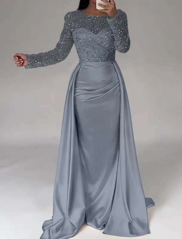 Mermaid Sequin Evening Gown RuchedSatin Dress Long Sleeves Masquerade Floor Length Illusion Neck with Pearls Overskirt dress