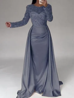 Mermaid Sequin Evening Gown RuchedSatin Dress Long Sleeves Masquerade Floor Length Illusion Neck with Pearls Overskirt dress
