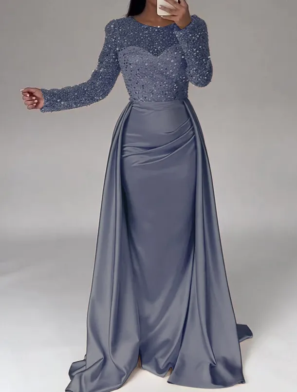 Mermaid Sequin Evening Gown RuchedSatin Dress Long Sleeves Masquerade Floor Length Illusion Neck with Pearls Overskirt dress