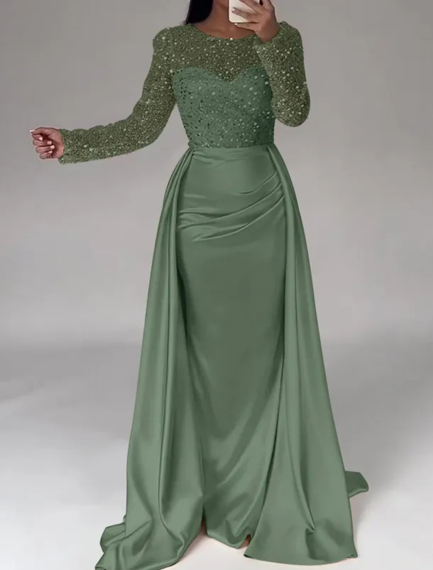 Mermaid Sequin Evening Gown RuchedSatin Dress Long Sleeves Masquerade Floor Length Illusion Neck with Pearls Overskirt dress