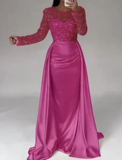 Mermaid Sequin Evening Gown RuchedSatin Dress Long Sleeves Masquerade Floor Length Illusion Neck with Pearls Overskirt dress