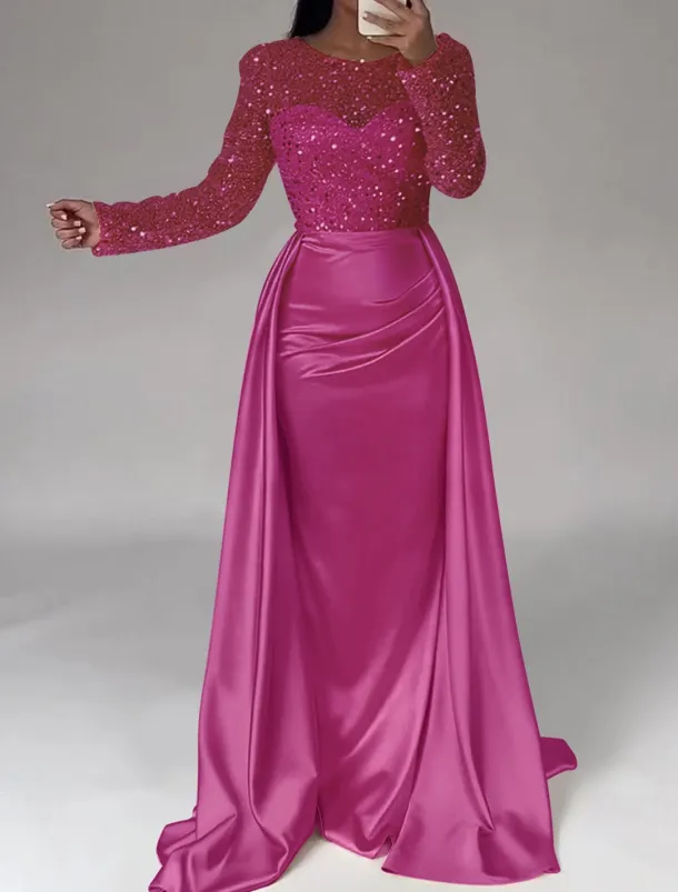 Mermaid Sequin Evening Gown RuchedSatin Dress Long Sleeves Masquerade Floor Length Illusion Neck with Pearls Overskirt dress