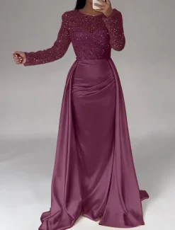 Mermaid Sequin Evening Gown RuchedSatin Dress Long Sleeves Masquerade Floor Length Illusion Neck with Pearls Overskirt dress