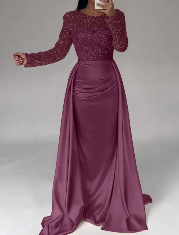 Mermaid Sequin Evening Gown RuchedSatin Dress Long Sleeves Masquerade Floor Length Illusion Neck with Pearls Overskirt dress