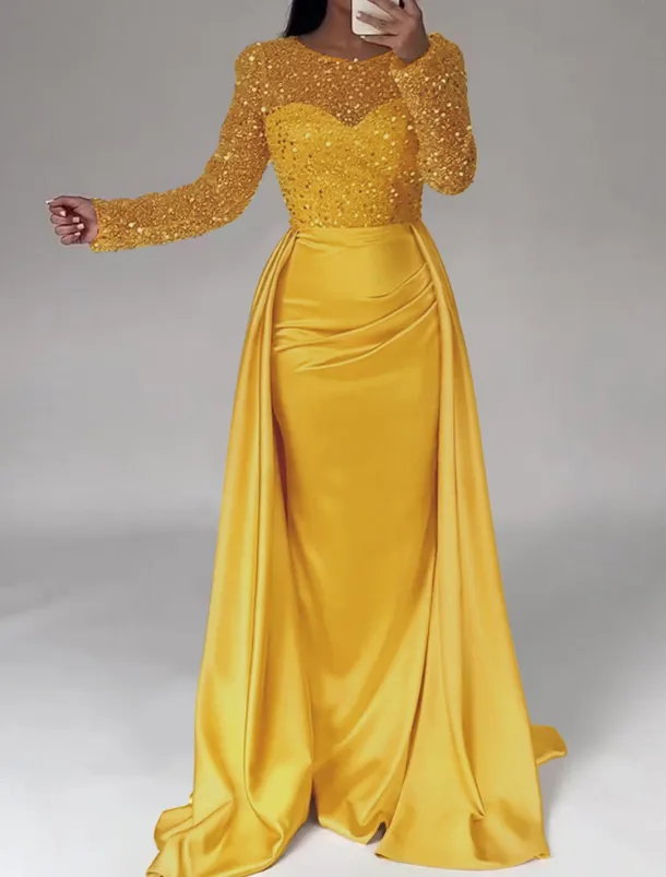Mermaid Sequin Evening Gown RuchedSatin Dress Long Sleeves Masquerade Floor Length Illusion Neck with Pearls Overskirt dress