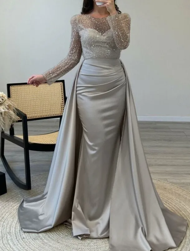 Mermaid Sequin Evening Gown RuchedSatin Dress Long Sleeves Masquerade Floor Length Illusion Neck with Pearls Overskirt dress