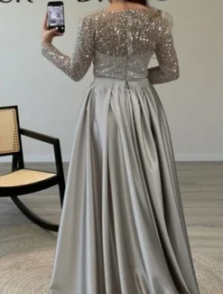 Mermaid Sequin Evening Gown RuchedSatin Dress Long Sleeves Masquerade Floor Length Illusion Neck with Pearls Overskirt dress