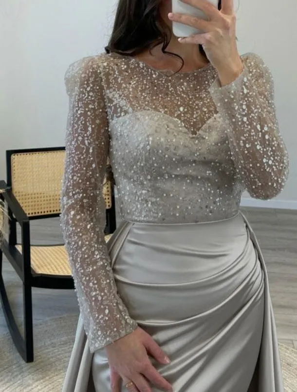 Mermaid Sequin Evening Gown RuchedSatin Dress Long Sleeves Masquerade Floor Length Illusion Neck with Pearls Overskirt dress