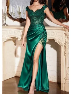 Mermaid Sequin Evening Gown Sexy Dress Formal Floor Length Sleeveless V Neck Charmeuse with Slit Appliques