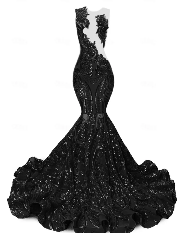 Mermaid Sequin Prom Dresses Elegant Dress Engagement Prom Court Train Sleeveless Jewel Neck African American with Appliques Masquerade Dress