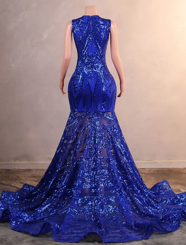 Mermaid Sequin Prom Dresses Elegant Dress Engagement Prom Court Train Sleeveless Jewel Neck African American with Appliques Masquerade Dress
