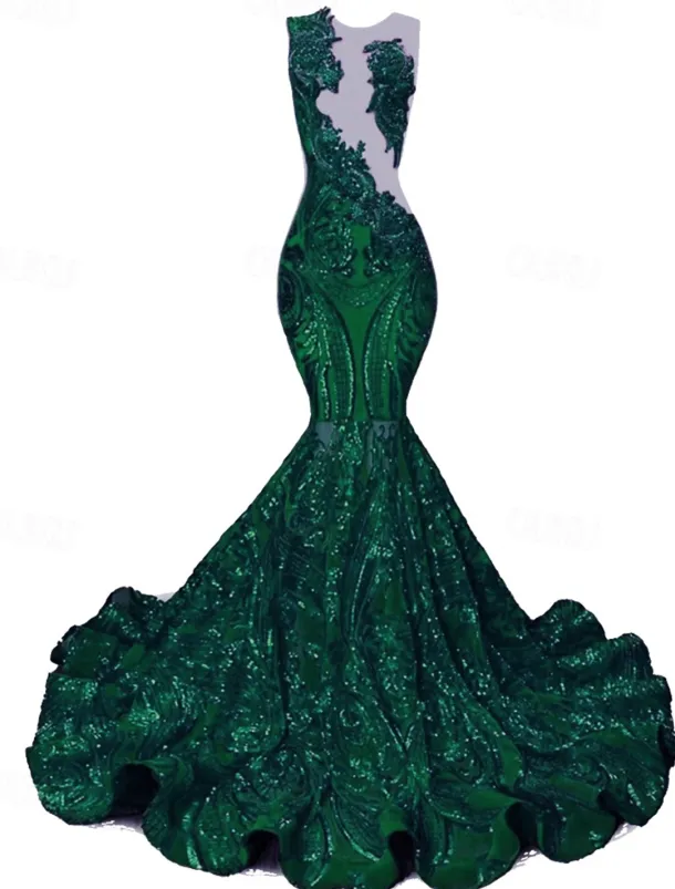 Mermaid Sequin Prom Dresses Elegant Dress Engagement Prom Court Train Sleeveless Jewel Neck African American with Appliques Masquerade Dress