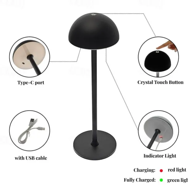 Metal Cordless Table Lamp LED Eye Protection Hotel Restaurant USB Charging Bar Atmosphere Night Light 2000mAH