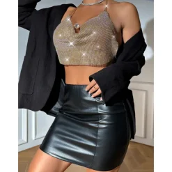 Metallic Backless Sparkle Camisole Body Chain Crop Tank Top Disco Deep V Fancy Dress Women's Party Club Adults' Tank Top