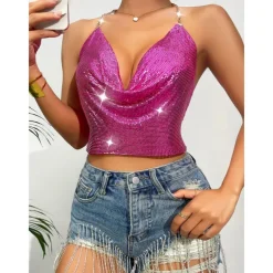 Metallic Backless Sparkle Camisole Body Chain Crop Tank Top Disco Fancy Dress Women's Party Club Pride Parade Adults' Tank Top