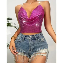 Metallic Backless Sparkle Camisole Body Chain Crop Tank Top Disco Fancy Dress Women's Party Club Pride Parade Adults' Tank Top