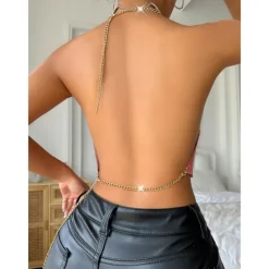 Metallic Backless Sparkle Camisole Body Chain Crop Tank Top Disco Fancy Dress Women's Party Club Pride Parade Adults' Tank Top