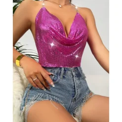 Metallic Backless Sparkle Camisole Body Chain Crop Tank Top Disco Fancy Dress Women's Party Club Pride Parade Adults' Tank Top