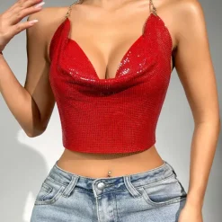 Metallic Backless Sparkle Camisole Body Chain Crop Tank Top Disco Fancy Dress Women's Party Club Pride Parade Adults' Tank Top