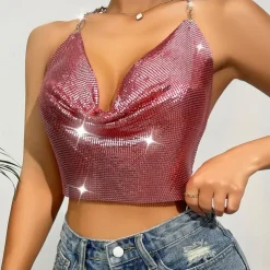 Metallic Backless Sparkle Camisole Body Chain Crop Tank Top Disco Fancy Dress Women's Party Club Pride Parade Adults' Tank Top