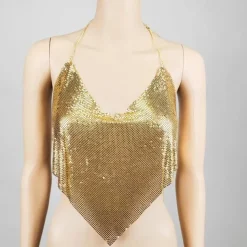 Metallic Backless Sparkle Camisole Body Chain Crop Tank Top Disco Solid Color Deep V Fancy Dress Women's Carnival Party Club Tank Top