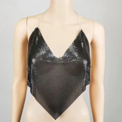 Metallic Backless Sparkle Camisole Body Chain Crop Tank Top Disco Solid Color Deep V Fancy Dress Women's Carnival Party Club Tank Top
