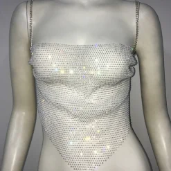 Metallic Sparkle Sexy Crop Tank Top Sheer Mesh Rhinestone Cover Up Disco Solid Color Deep V Fancy Dress Women's Carnival Party Club Adults' Tank Top