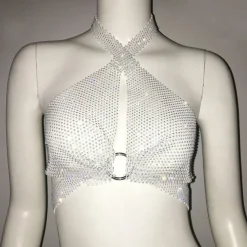 Metallic Sparkle Sexy Crop Tank Top Sheer Mesh Rhinestone Cover Up Disco Solid Color Deep V Fancy Dress Women's Carnival Party Club Adults' Tank Top