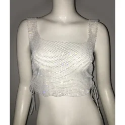 Metallic Sparkle Sexy Crop Tank Top Sheer Mesh Rhinestone Cover Up Disco Solid Color Deep V Fancy Dress Women's Carnival Party Club Adults' Tank Top
