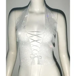 Metallic Sparkle Sexy Crop Tank Top Sheer Mesh Rhinestone Cover Up Disco Solid Color Deep V Fancy Dress Women's Carnival Party Club Adults' Tank Top
