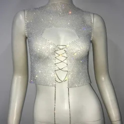 Metallic Sparkle Sexy Crop Tank Top Sheer Mesh Rhinestone Cover Up Disco Solid Color Deep V Fancy Dress Women's Carnival Party Club Adults' Tank Top