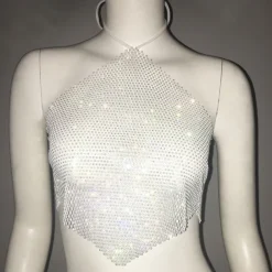 Metallic Sparkle Sexy Crop Tank Top Sheer Mesh Rhinestone Cover Up Disco Solid Color Deep V Fancy Dress Women's Carnival Party Club Adults' Tank Top