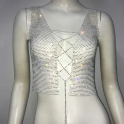 Metallic Sparkle Sexy Crop Tank Top Sheer Mesh Rhinestone Cover Up Disco Solid Color Deep V Fancy Dress Women's Carnival Party Club Adults' Tank Top
