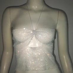Metallic Sparkle Sexy Crop Tank Top Sheer Mesh Rhinestone Cover Up Disco Solid Color Deep V Fancy Dress Women's Carnival Party Club Adults' Tank Top