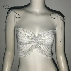 Metallic Sparkle Sexy Crop Tank Top Sheer Mesh Rhinestone Cover Up Disco Solid Color Deep V Fancy Dress Women's Carnival Party Club Adults' Tank Top