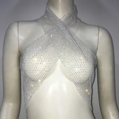 Metallic Sparkle Sexy Crop Tank Top Sheer Mesh Rhinestone Cover Up Disco Solid Color Deep V Fancy Dress Women's Carnival Party Club Adults' Tank Top