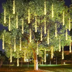 Meteor Shower Rain Lights Outdoor Christmas Hanging Firecracker String Light Snow Falling Raindrop Icicle Fairy Lights for Xmas Tree Garden Decor AC110V -220V EU US Plug Upgrade