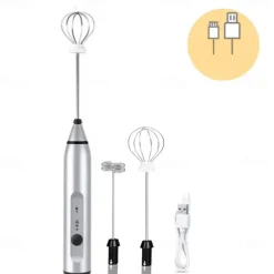 Milk Frother Handheld with 3 Heads Coffee Whisk Foam Mixer with USB Rechargeable 3 Speeds Electric Mini Hand Blender for Latte Cappuccino Hot Chocolate Egg