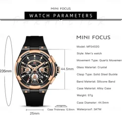 MINI FOCUS Men Quartz Watch Outdoor Fashion Casual Wristwatch Luminous Calendar Waterproof World Time Silicone Gel Watch
