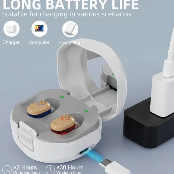Mini Portable TWS Hearing Aids Charging Compartment Hearing Aids Invisible In-Ear Long Endurance Audiphone Magnetic Charging Assisted Listen Sound Amplifier for Elderly Person