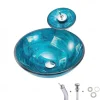 Minimalist Mediterranean Wind Round Basin Tempered Glass Wash Basin With Waterfall Faucet Basin Support Drainer